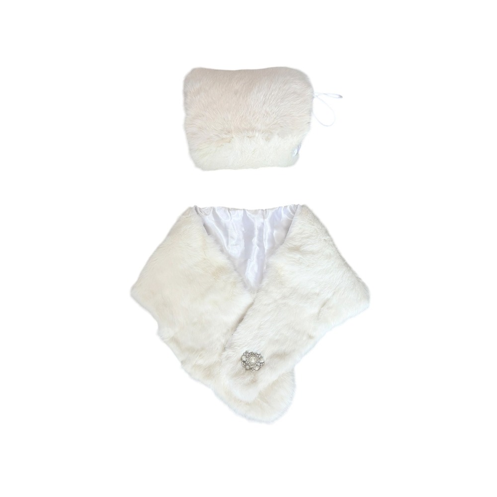 Vintage Real White Rabbit Fur Stole Wrap Muff Handwarmer Set Scarf Glam Winter